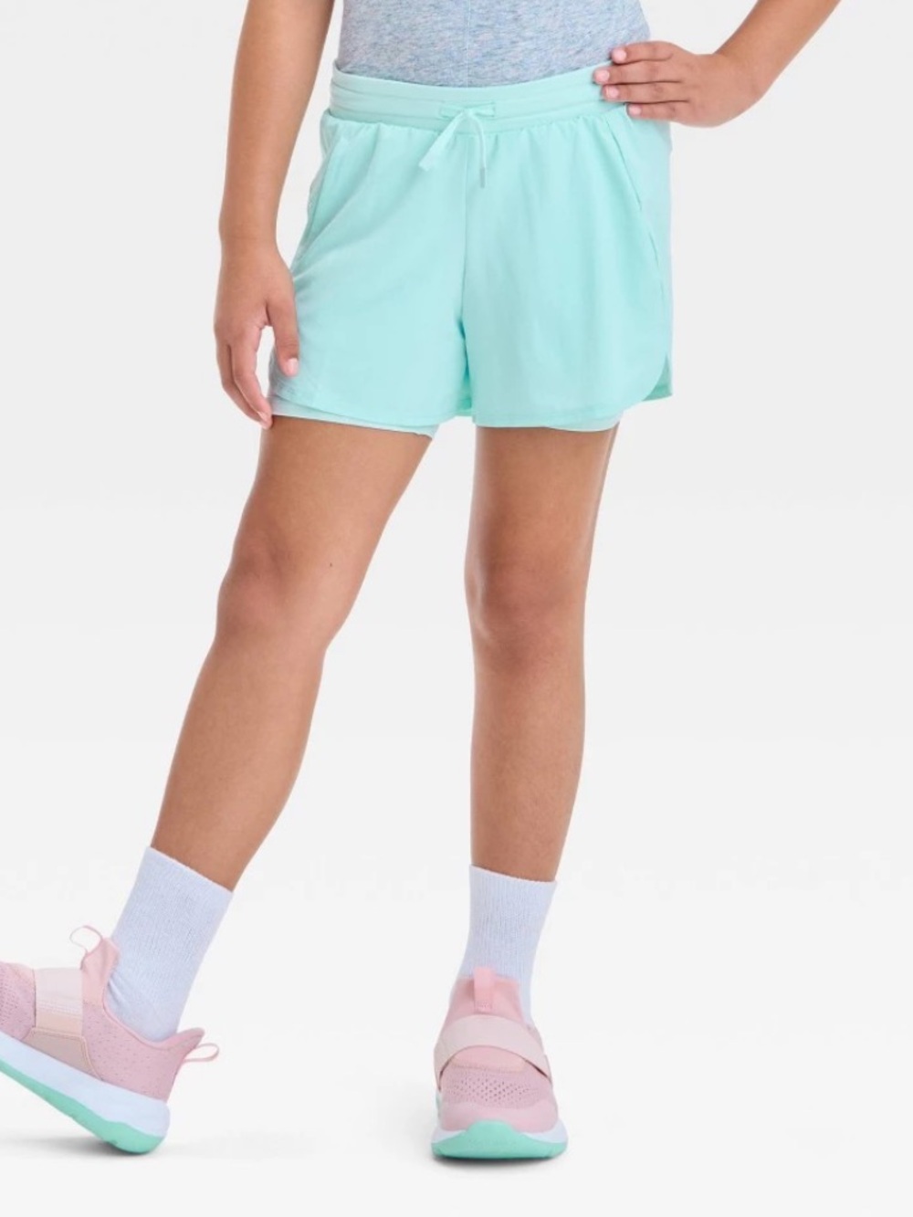 Girls' Active Light 2-in-1 Run Shorts - All in Motion™ Light Teal 10/ 12